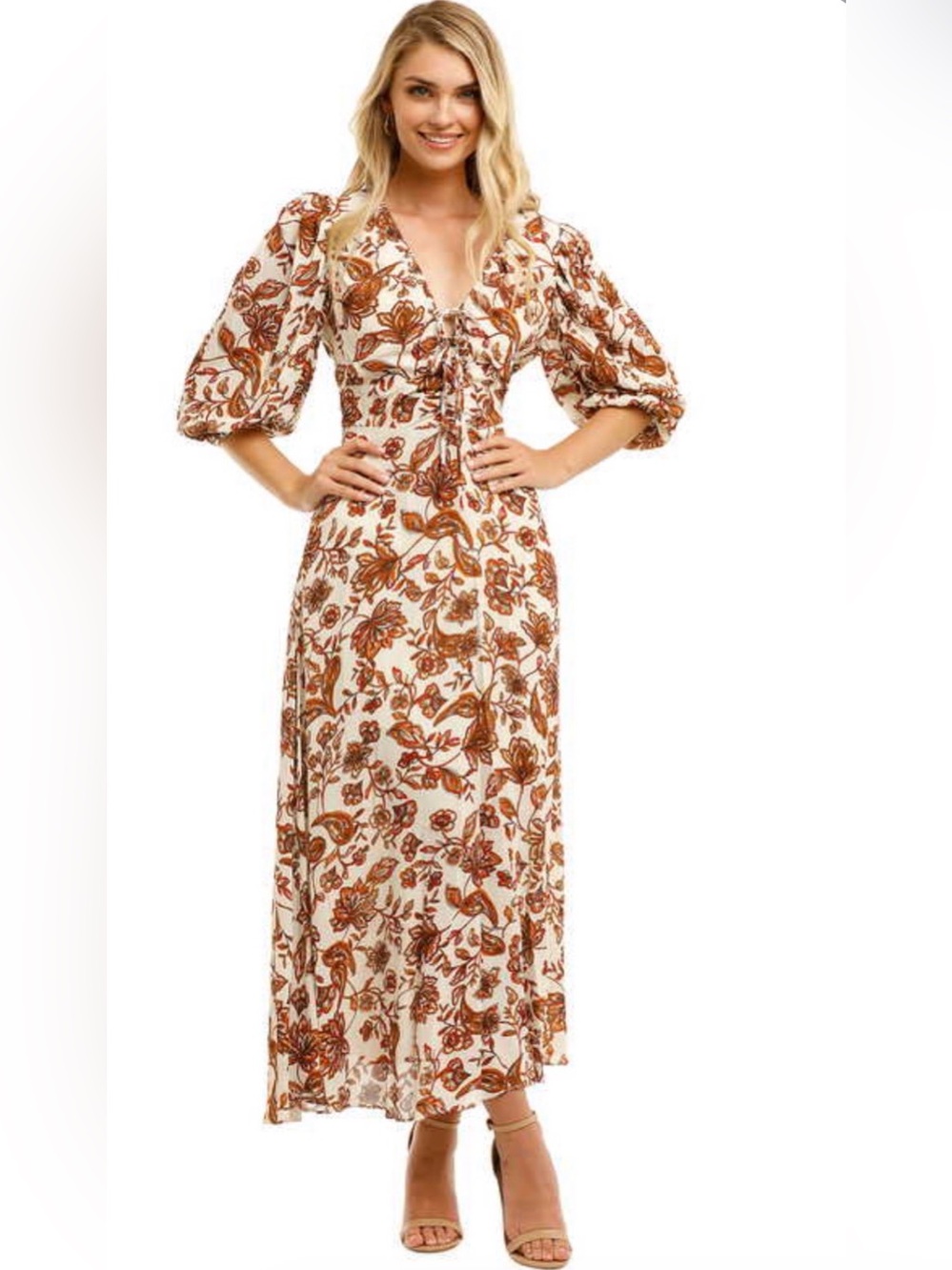 $500 NICHOLAS Danielle Dress Ivory Paisley Floral Midi Flowy Boho Size US 6 READ